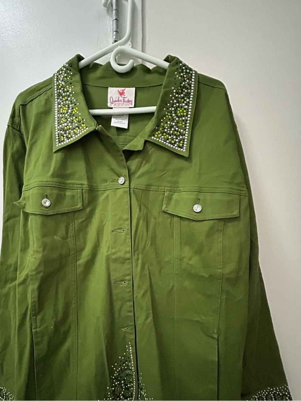 Quacker Factory Olive Green Embellished Collar Jean Jacket
